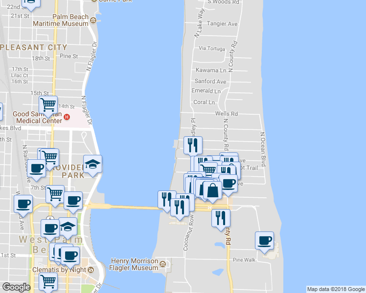 map of restaurants, bars, coffee shops, grocery stores, and more near 307 Everglade Avenue in Palm Beach