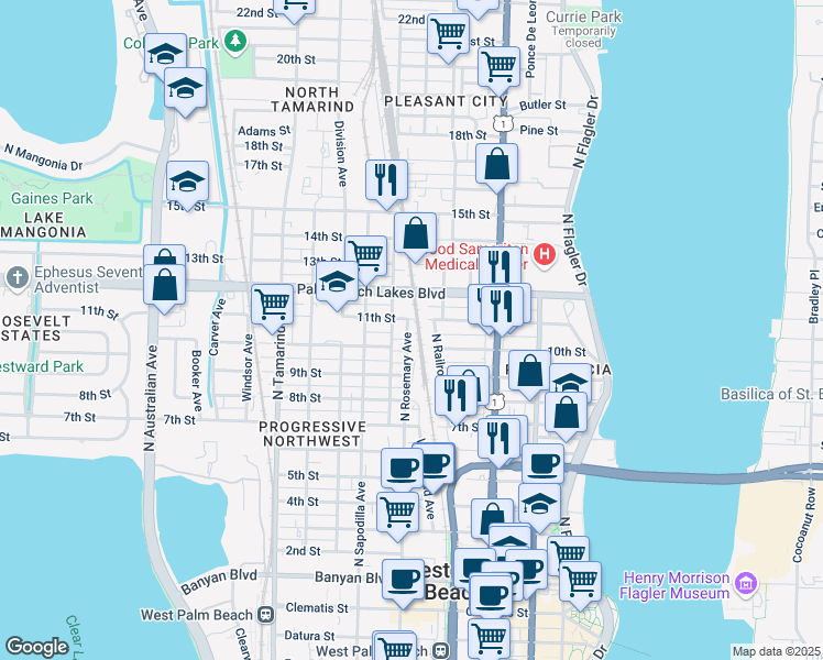map of restaurants, bars, coffee shops, grocery stores, and more near 1103 North Rosemary Avenue in West Palm Beach
