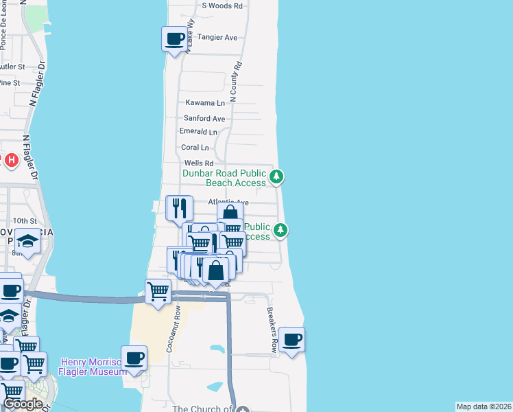 map of restaurants, bars, coffee shops, grocery stores, and more near 120 Everglade Avenue in Palm Beach