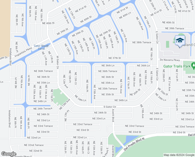 map of restaurants, bars, coffee shops, grocery stores, and more near 1504 Northeast 36th Street in Cape Coral