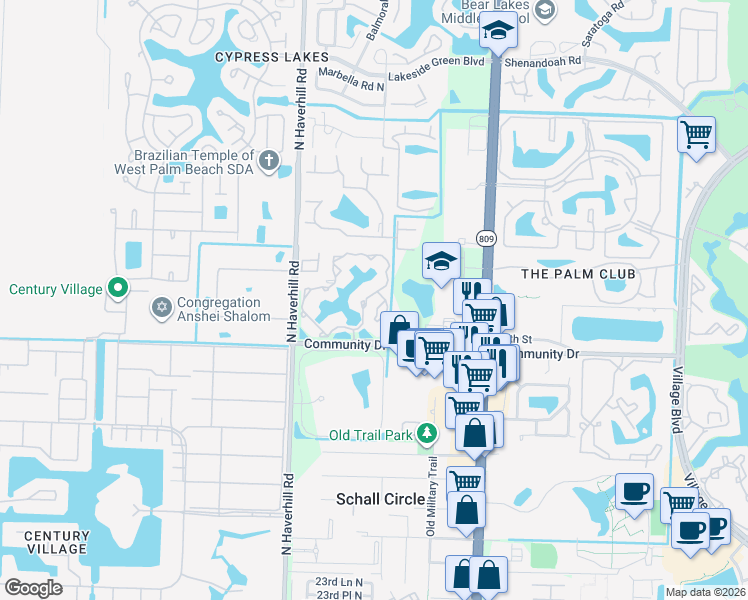 map of restaurants, bars, coffee shops, grocery stores, and more near 4775 Via Palm Lakes in West Palm Beach