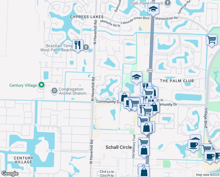map of restaurants, bars, coffee shops, grocery stores, and more near 4823 Via Palm Lakes in West Palm Beach