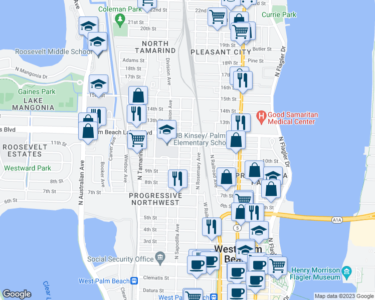 map of restaurants, bars, coffee shops, grocery stores, and more near 633 11th Street in West Palm Beach