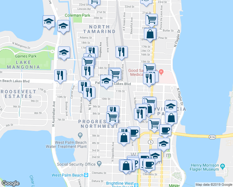 map of restaurants, bars, coffee shops, grocery stores, and more near 633 11th Street in West Palm Beach