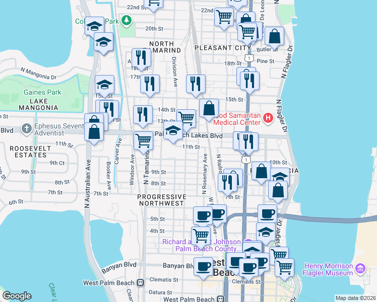 map of restaurants, bars, coffee shops, grocery stores, and more near 633 11th Street in West Palm Beach