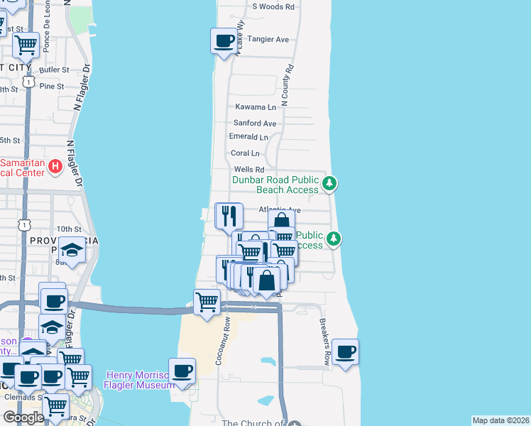 map of restaurants, bars, coffee shops, grocery stores, and more near 210 Dunbar Road in Palm Beach