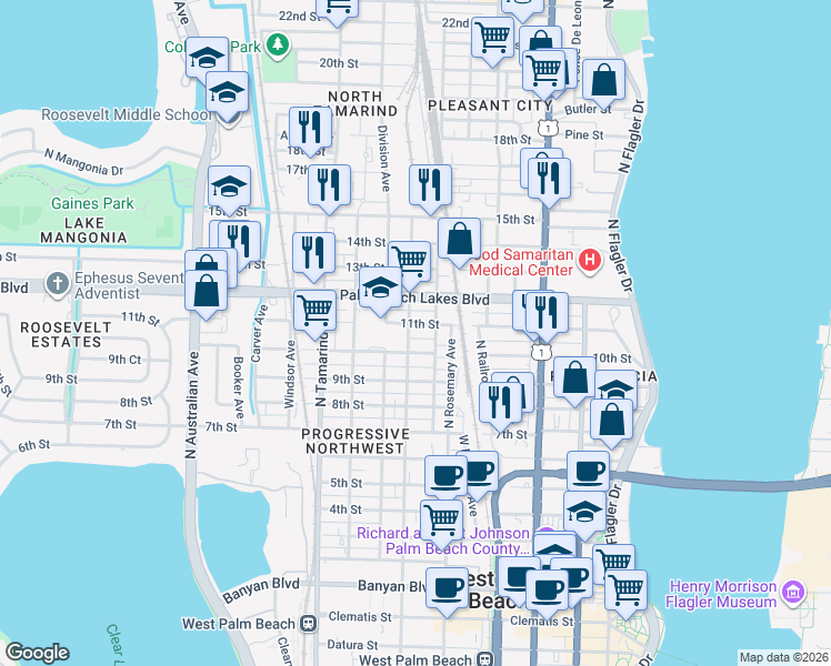 map of restaurants, bars, coffee shops, grocery stores, and more near 633 11th Street in West Palm Beach