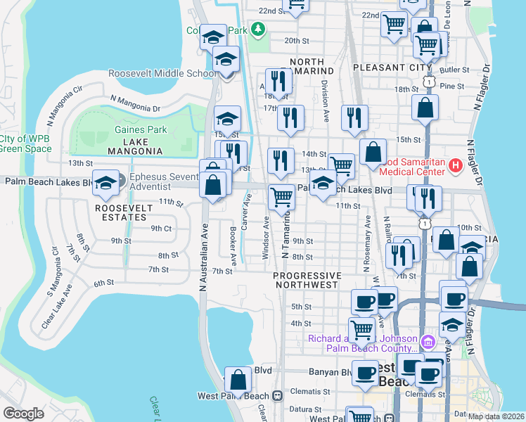 map of restaurants, bars, coffee shops, grocery stores, and more near 1023 11th Street in West Palm Beach