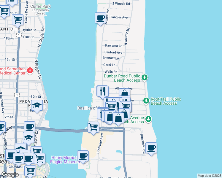 map of restaurants, bars, coffee shops, grocery stores, and more near 242 Dunbar Road in Palm Beach
