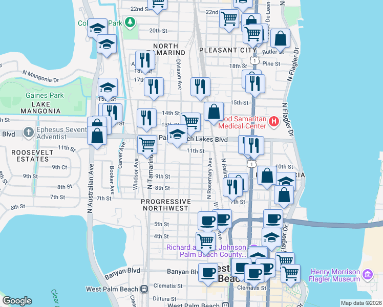 map of restaurants, bars, coffee shops, grocery stores, and more near 633 11th Street in West Palm Beach