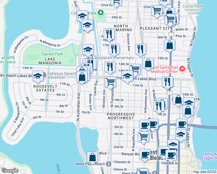 map of restaurants, bars, coffee shops, grocery stores, and more near 1023 11th Street in West Palm Beach