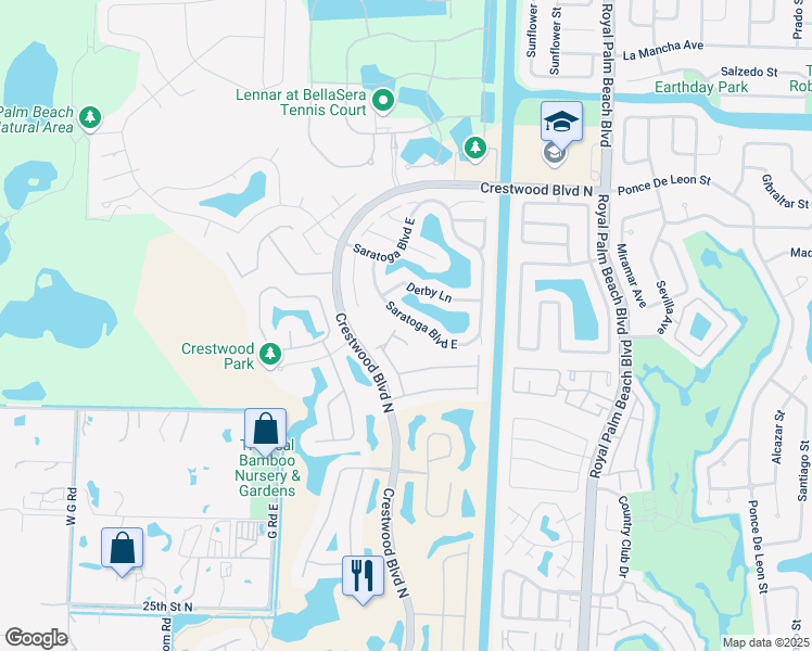 map of restaurants, bars, coffee shops, grocery stores, and more near 279 Saratoga Boulevard West in Royal Palm Beach