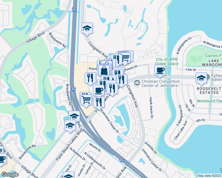 map of restaurants, bars, coffee shops, grocery stores, and more near 1801 Palm Beach Lakes Boulevard in West Palm Beach