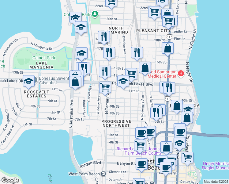 map of restaurants, bars, coffee shops, grocery stores, and more near 1140 Freshwater Lakes Drive in West Palm Beach