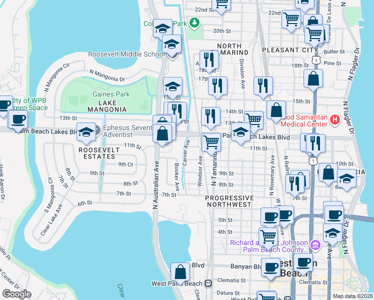 map of restaurants, bars, coffee shops, grocery stores, and more near 1121 11th Street in West Palm Beach