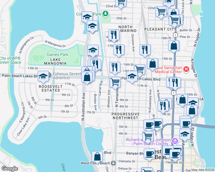 map of restaurants, bars, coffee shops, grocery stores, and more near 1123 Windsor Avenue in West Palm Beach