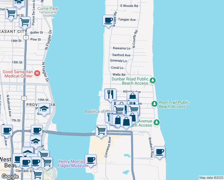 map of restaurants, bars, coffee shops, grocery stores, and more near 242 Dunbar Road in Palm Beach