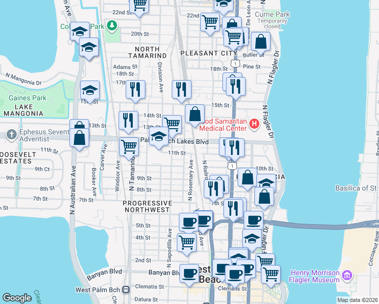 map of restaurants, bars, coffee shops, grocery stores, and more near 533 11th Street in West Palm Beach