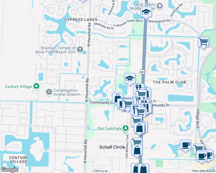 map of restaurants, bars, coffee shops, grocery stores, and more near 4791 Via Palm Lakes in West Palm Beach