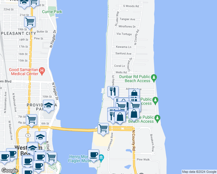 map of restaurants, bars, coffee shops, grocery stores, and more near 250 Bradley Place in Palm Beach