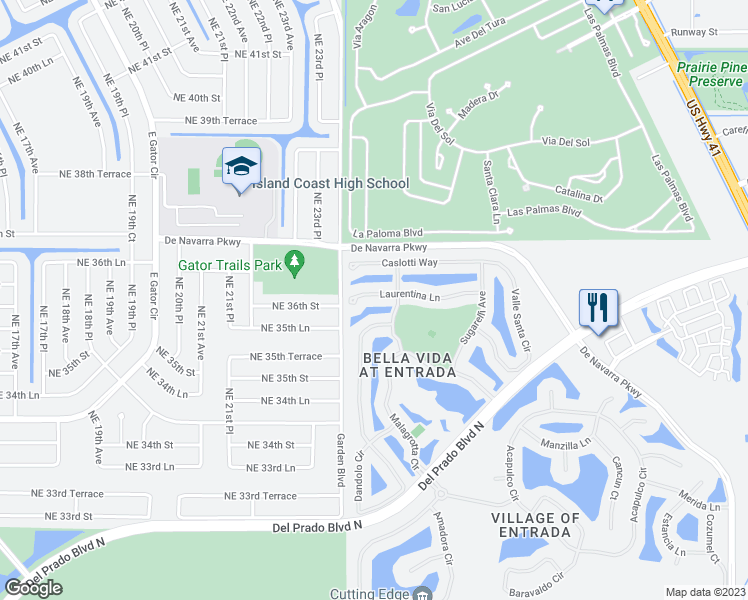 map of restaurants, bars, coffee shops, grocery stores, and more near 2426 Laurentina Lane in Cape Coral