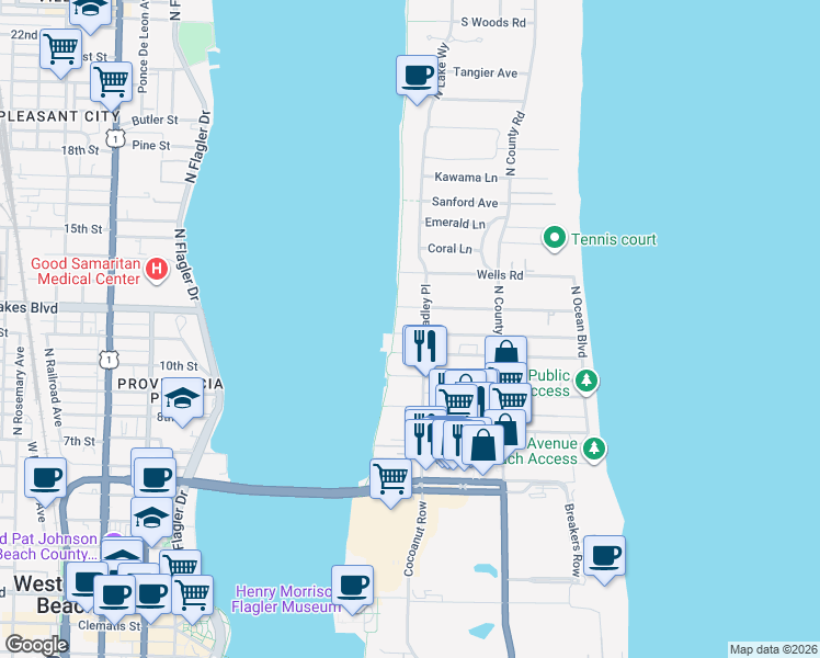 map of restaurants, bars, coffee shops, grocery stores, and more near 310 Dunbar Road in Palm Beach