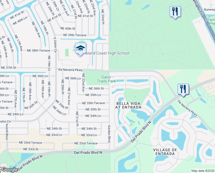 map of restaurants, bars, coffee shops, grocery stores, and more near 2329 Northeast 36th Street in Cape Coral