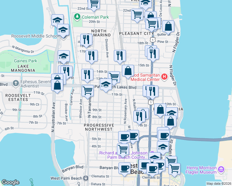 map of restaurants, bars, coffee shops, grocery stores, and more near 633 11th Street in West Palm Beach