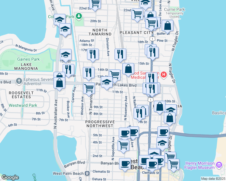 map of restaurants, bars, coffee shops, grocery stores, and more near 633 11th Street in West Palm Beach