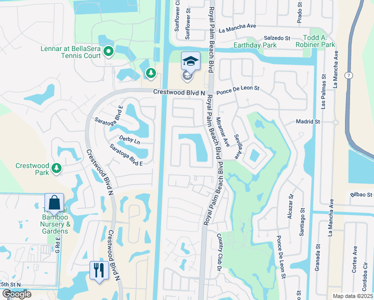 map of restaurants, bars, coffee shops, grocery stores, and more near 176 Parkwood Drive South in Royal Palm Beach