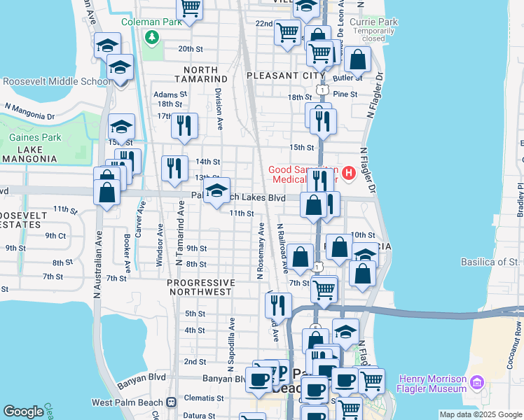 map of restaurants, bars, coffee shops, grocery stores, and more near 533 11th Street in West Palm Beach