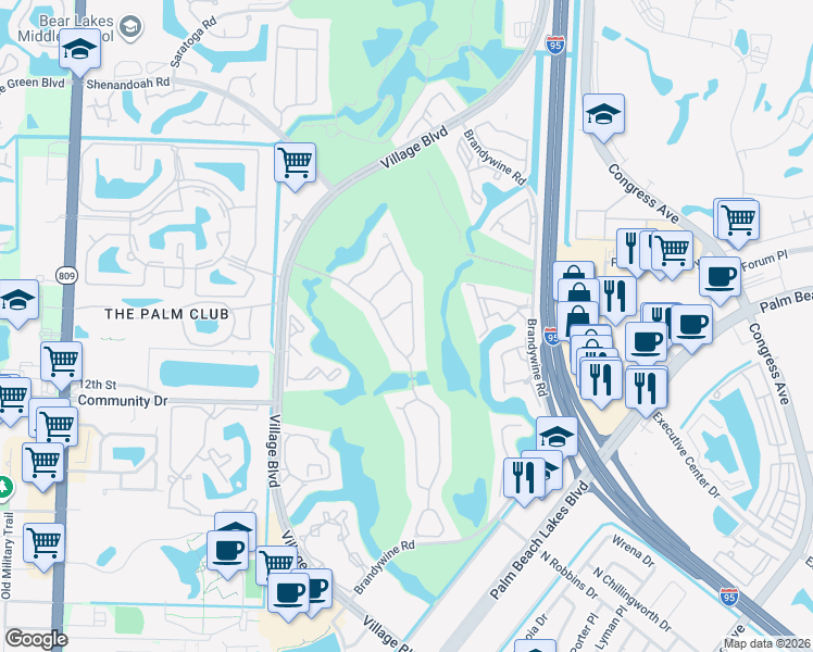 map of restaurants, bars, coffee shops, grocery stores, and more near 1435 Wilderness Road in West Palm Beach