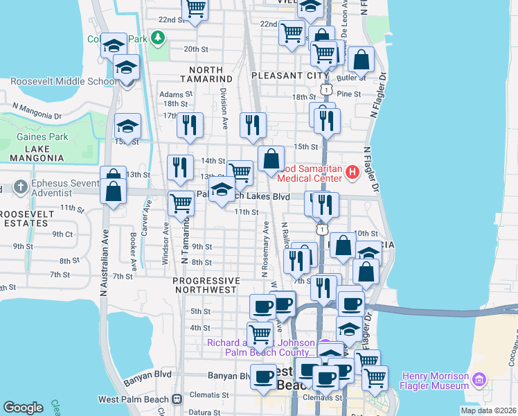 map of restaurants, bars, coffee shops, grocery stores, and more near 533 11th Street in West Palm Beach