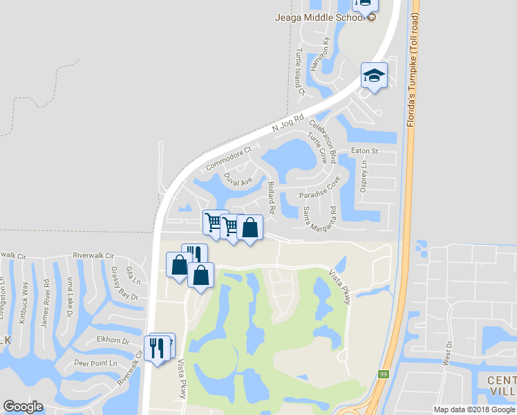 map of restaurants, bars, coffee shops, grocery stores, and more near Breakwater Court in West Palm Beach