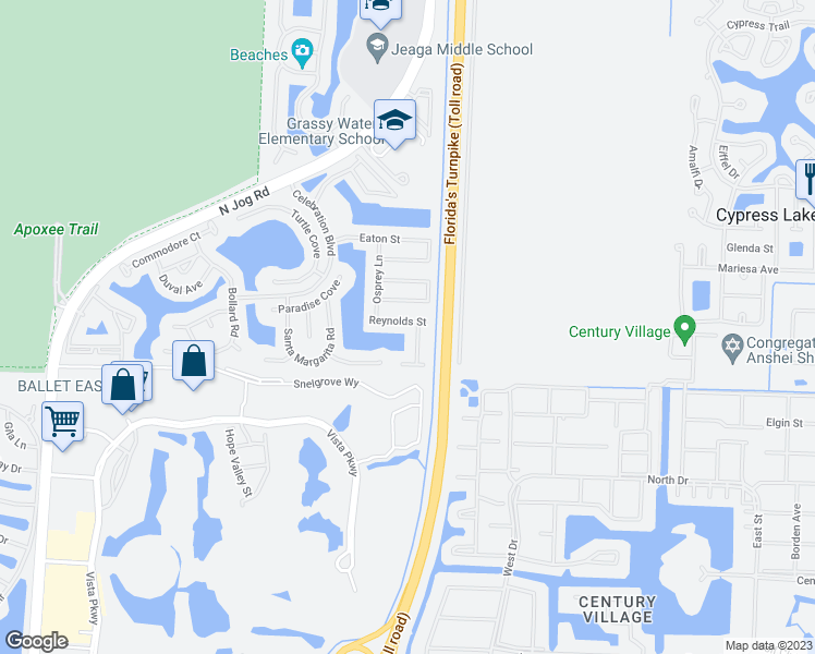 map of restaurants, bars, coffee shops, grocery stores, and more near 6128 Reynolds Street in West Palm Beach