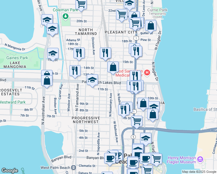 map of restaurants, bars, coffee shops, grocery stores, and more near 533 11th Street in West Palm Beach