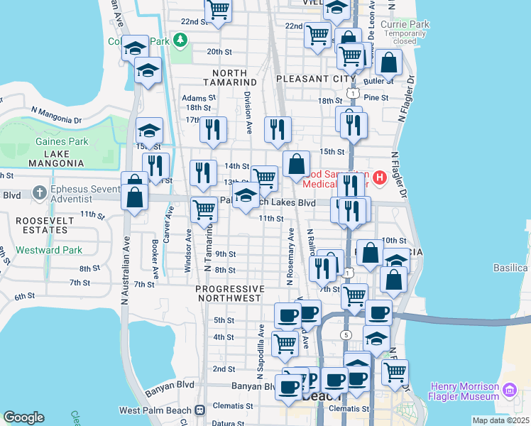 map of restaurants, bars, coffee shops, grocery stores, and more near 633 11th Street in West Palm Beach
