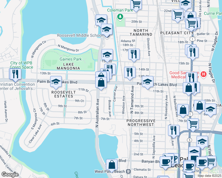 map of restaurants, bars, coffee shops, grocery stores, and more near 1242 Palm Beach Lakes Boulevard in West Palm Beach