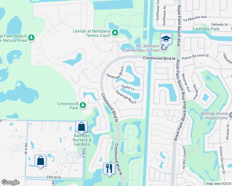 map of restaurants, bars, coffee shops, grocery stores, and more near 281 Saratoga Boulevard East in Royal Palm Beach