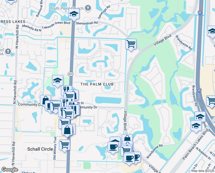 map of restaurants, bars, coffee shops, grocery stores, and more near 1401 Village Boulevard in West Palm Beach