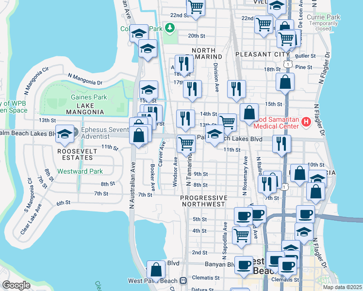 map of restaurants, bars, coffee shops, grocery stores, and more near 1023 11th Street in West Palm Beach