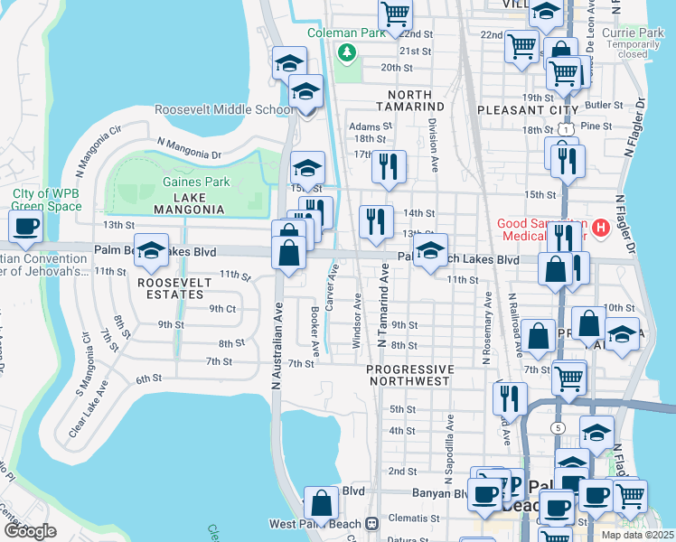 map of restaurants, bars, coffee shops, grocery stores, and more near 1121 11th Street in West Palm Beach