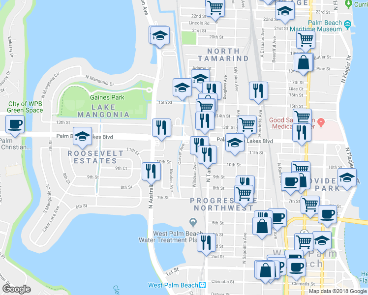 map of restaurants, bars, coffee shops, grocery stores, and more near 1121 11th Street in West Palm Beach