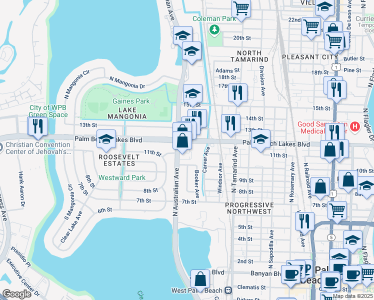 map of restaurants, bars, coffee shops, grocery stores, and more near 1242 Palm Beach Lakes Boulevard in West Palm Beach