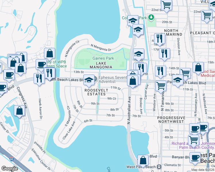map of restaurants, bars, coffee shops, grocery stores, and more near 1365 11th Street in West Palm Beach