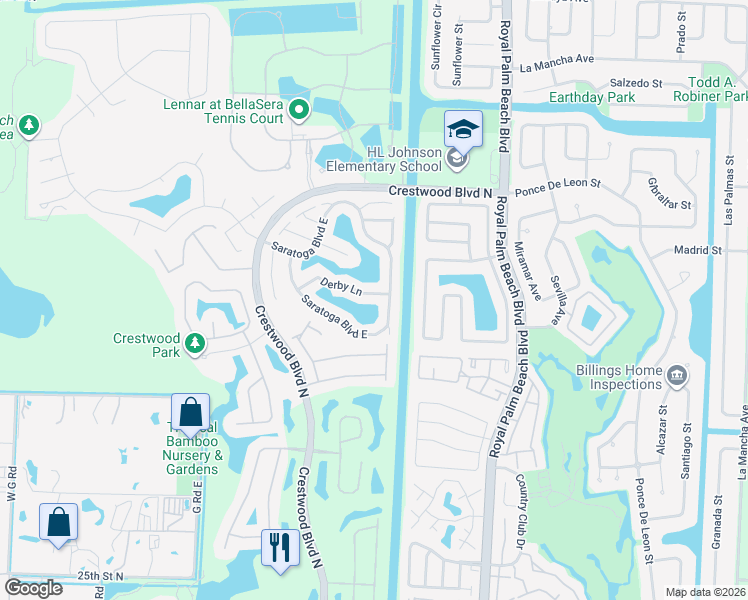 map of restaurants, bars, coffee shops, grocery stores, and more near 107 Derby Lane in West Palm Beach