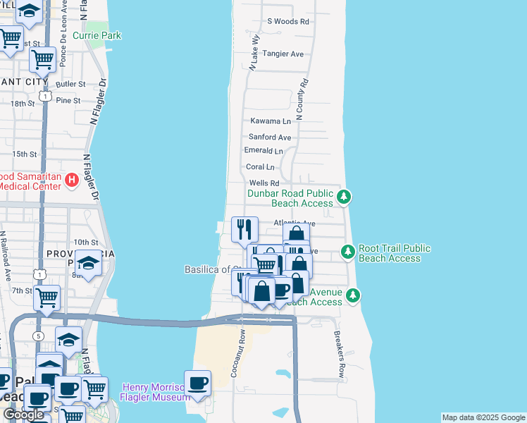 map of restaurants, bars, coffee shops, grocery stores, and more near 242 Dunbar Road in Palm Beach
