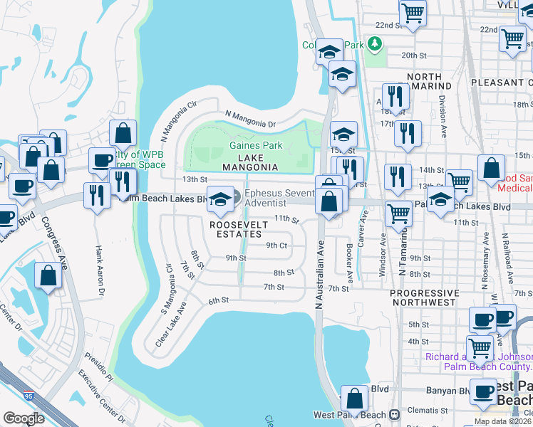 map of restaurants, bars, coffee shops, grocery stores, and more near 1365 11th Street in West Palm Beach