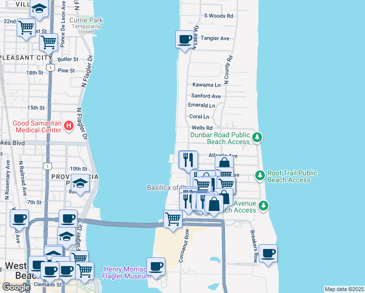 map of restaurants, bars, coffee shops, grocery stores, and more near 310 Dunbar Road in Palm Beach