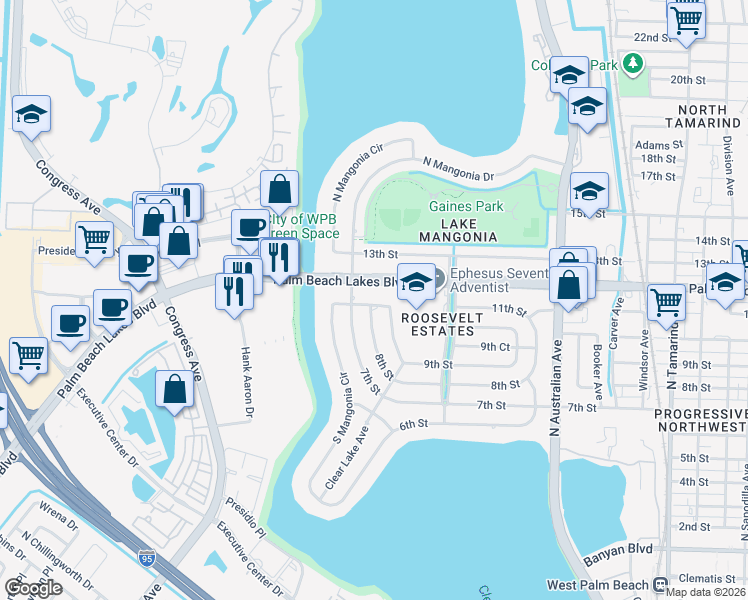 map of restaurants, bars, coffee shops, grocery stores, and more near 1463 11th Street in West Palm Beach